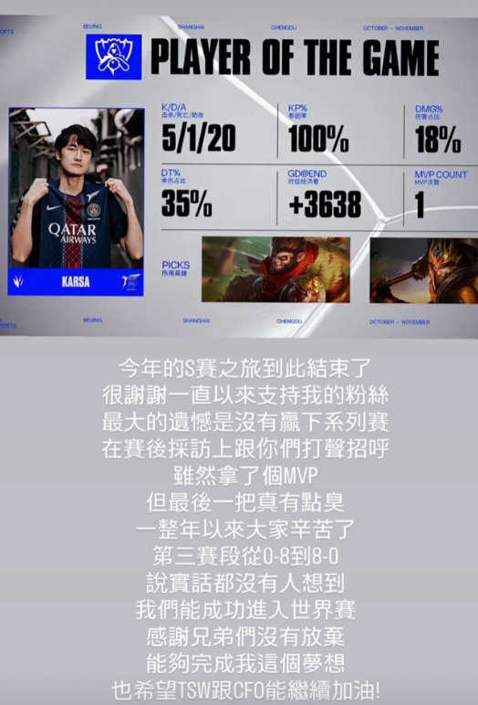 Karsa赛后发文:最大的遗憾是没赢下系列赛在赛后采访跟粉丝们打声招呼